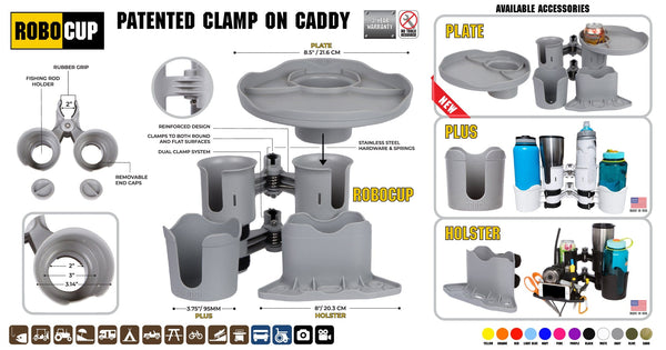RoboCup BLACK Patented Clamp on Caddy Dual Cup, Drink & Rod