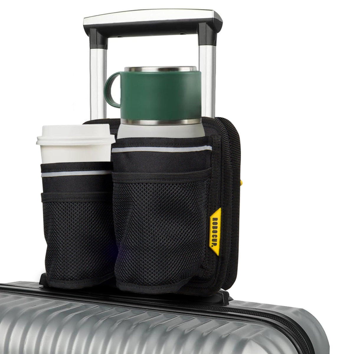 Travel-Friendly Folding Dual Drink Holder with Storage for Cases &amp; Luggage with a Telescopic Handle