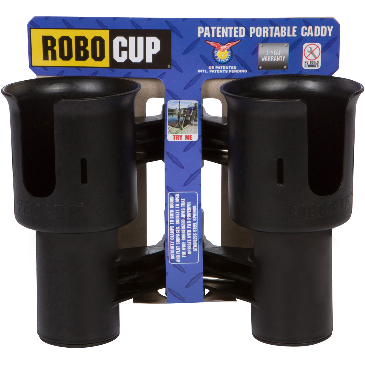 RoboCup BLACK Patented Clamp on Caddy Dual Cup, Drink & Rod Holder -   -- ROBOCUP
