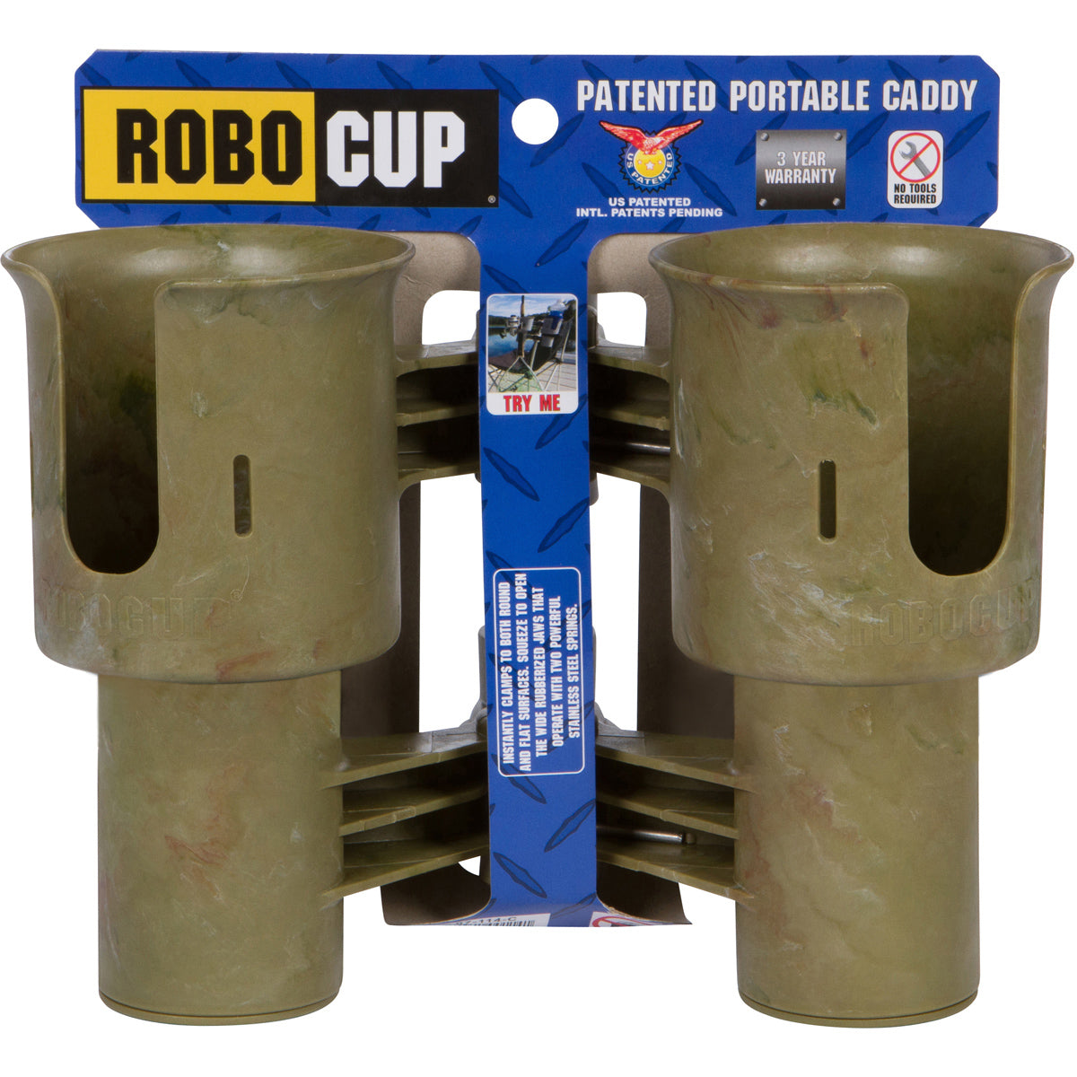 RoboCup CAMO Patented Clamp on Caddy Dual Cup, Drink & Rod Holder